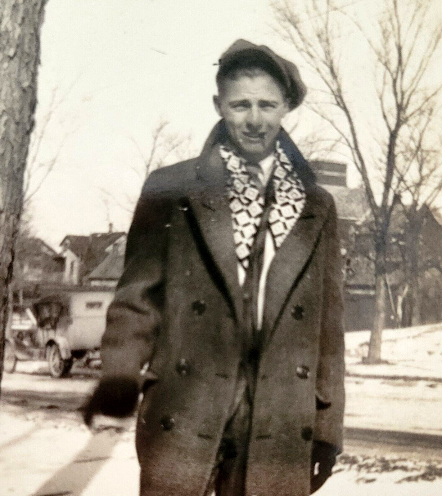 1920s Man Wearing Newsboy Cap Gloves & Fancy Scarf Photo