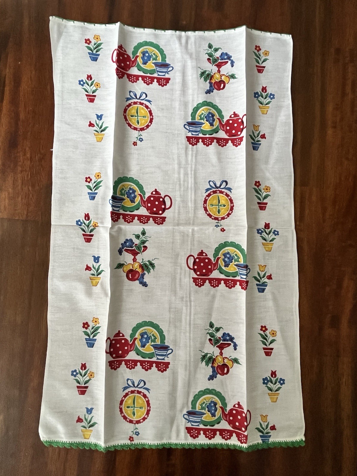 Vintage Show Towel/Kitchen Towel Small Table Runner Crocheted Edges Fruit Teapot