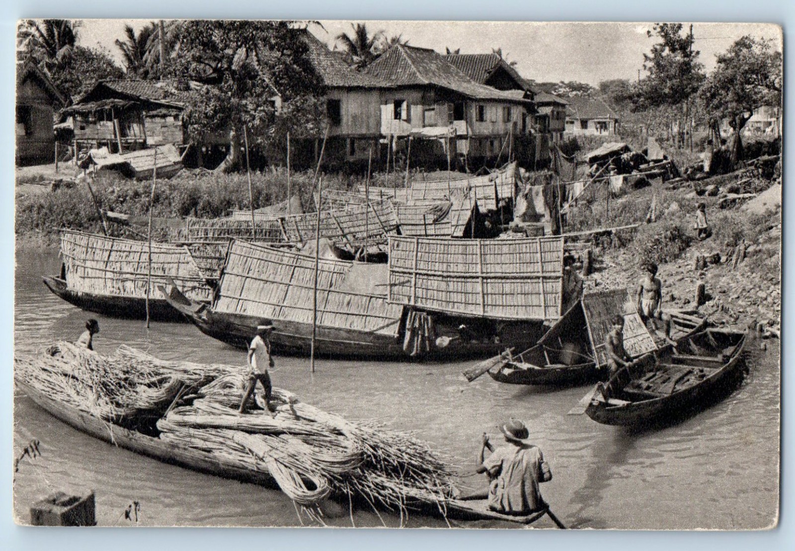 South Sumatra Indonesia Postcard Woonprauwen in Palembang c1940’s Vintage