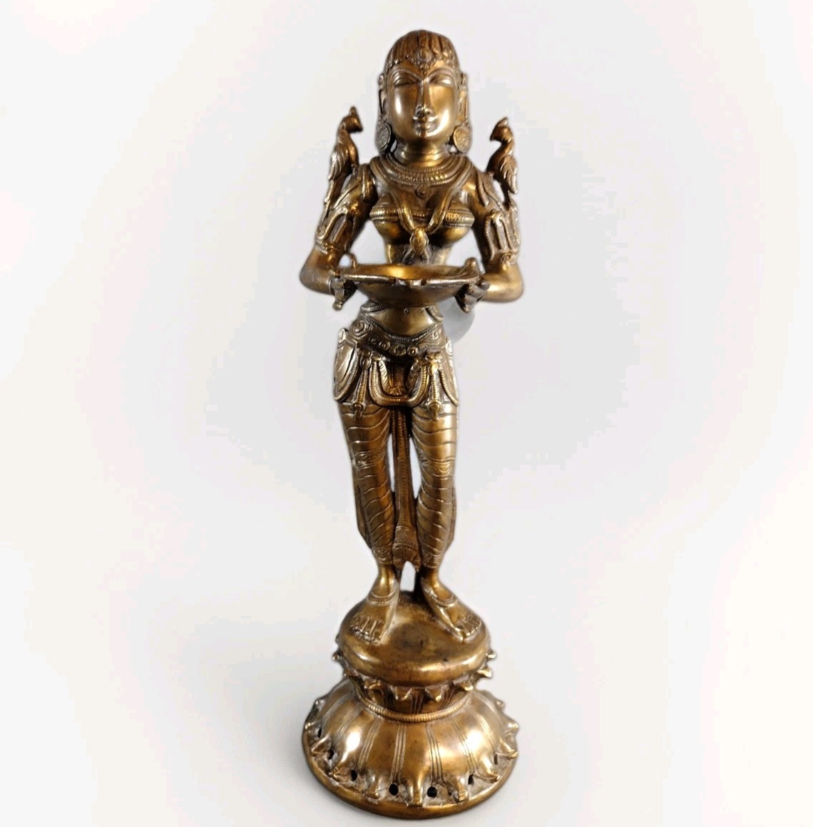 Vintage Deepa Lakshmi Bronze Oil Lamp Statue 15in South Indian Hindu Diya Heavy