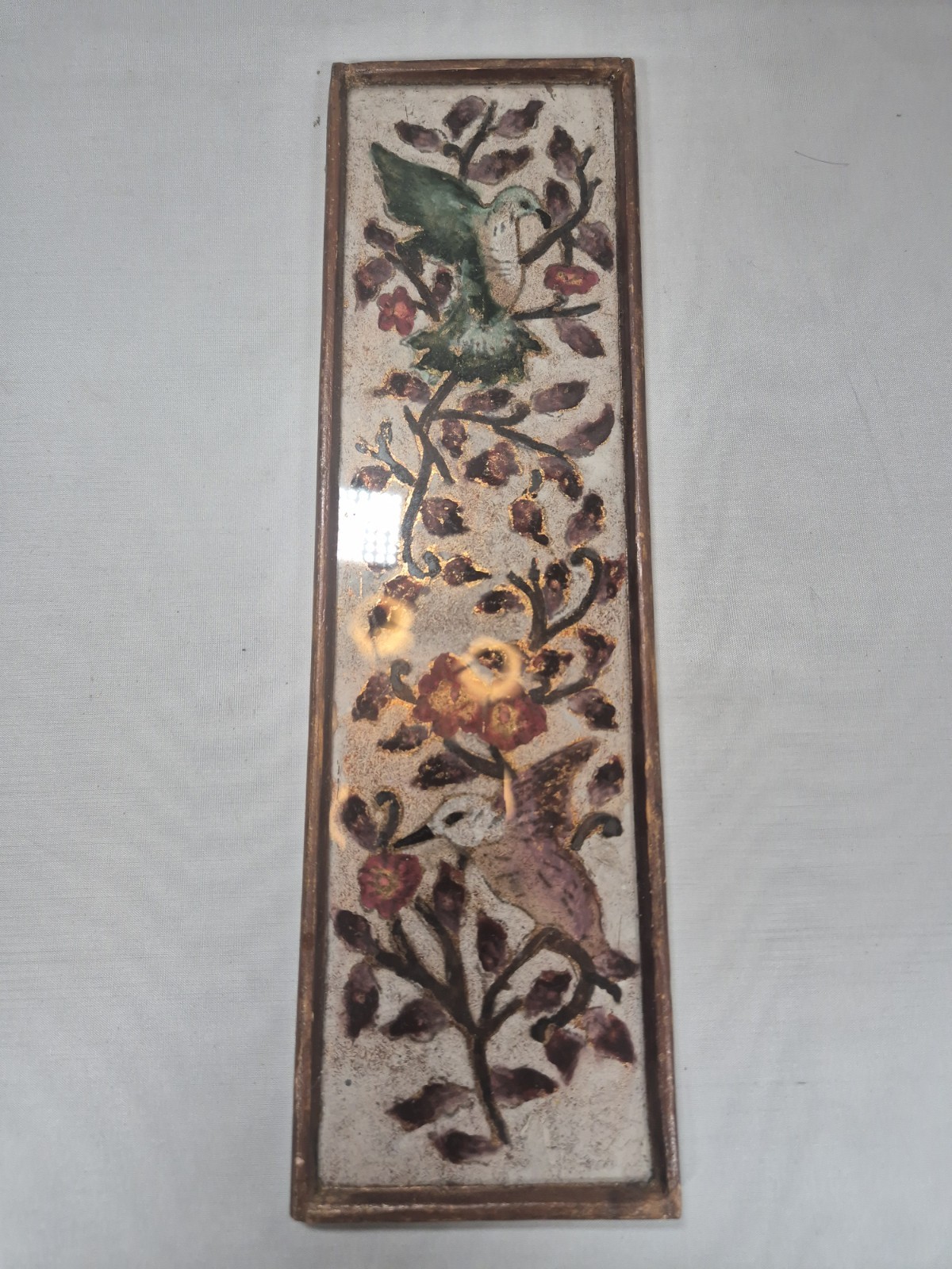 Vintage Hummingbird Floral Wall Plaque Tile Panel Wooden Back Mid Century Decor