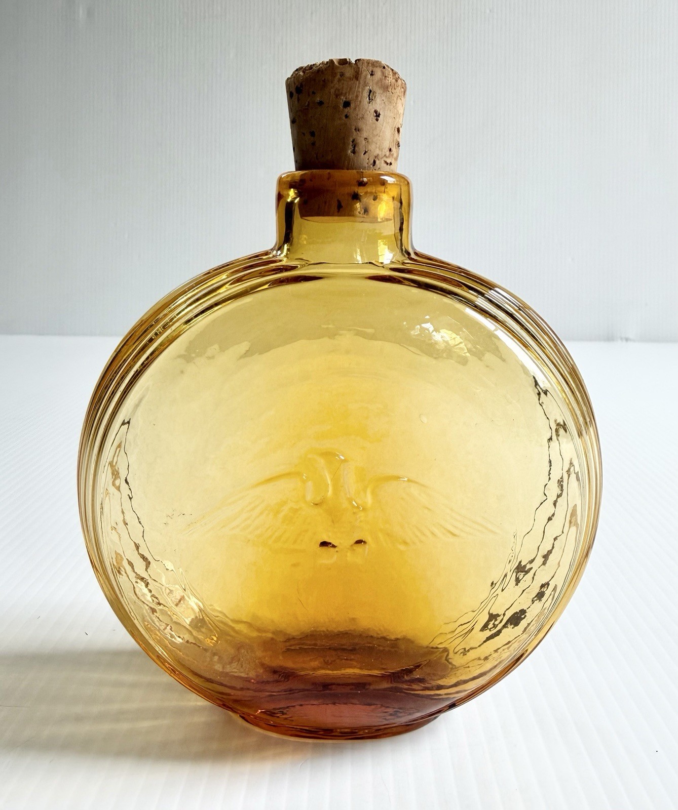 Vintage Maybe Empoli Amber Glass Decanter Bottle Embossed Eagle MCM Barware