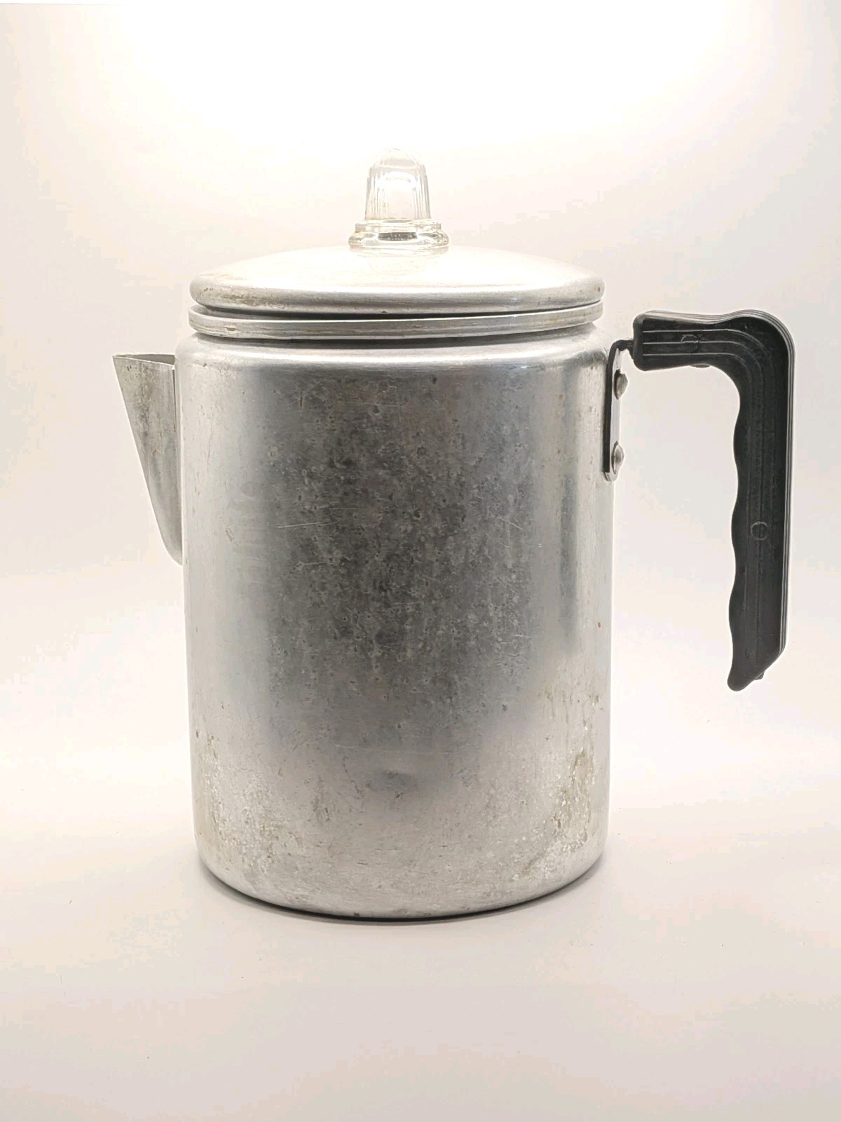 Vtg 8 Cup Aluminum Coffee Pot Percolator Stove Top Glass Knob Top~Camping~8″Tall