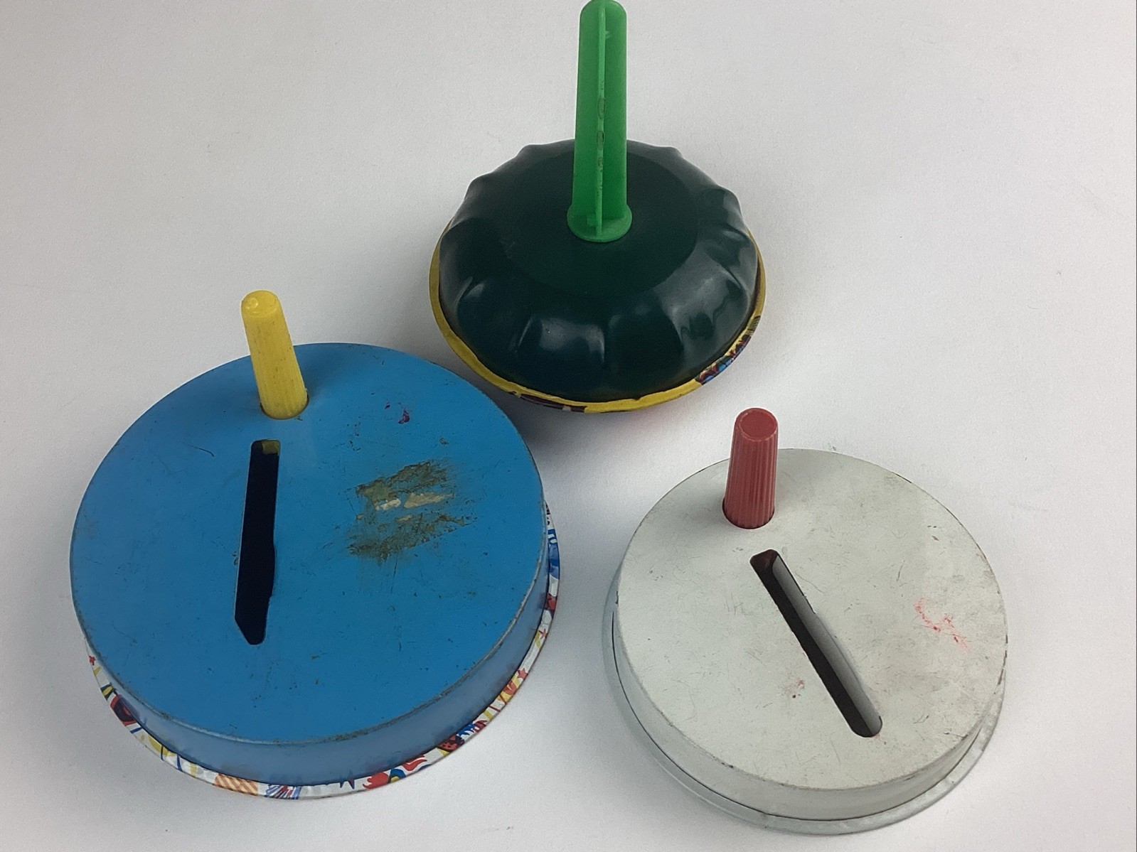 Vintage Halloween Lot Of 3 1960s Tin Noisemakers Rattle, 2 Ratchet