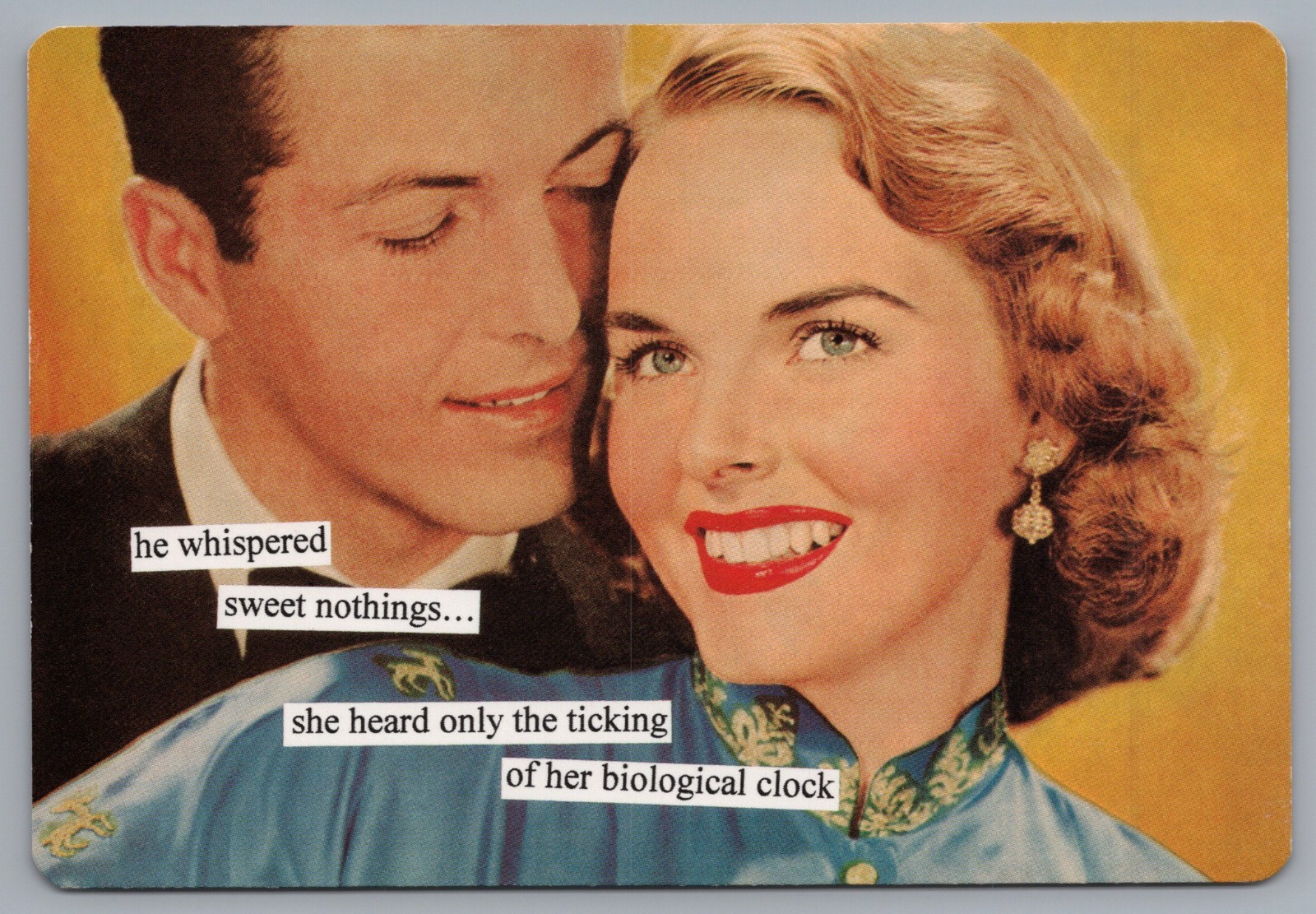 Anne Taintor Comic Postcard She Heard Only The Ticking Of Her Biological Clock