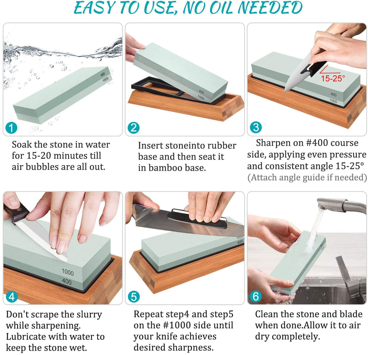 Whetstone Sharpening Stone Set Knife Sharpener 400/1000 3000/8000 Grit w/ Holder