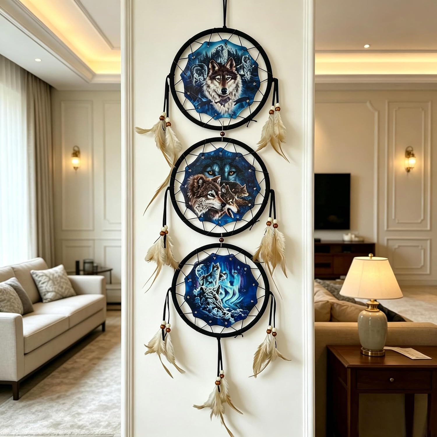 Remorelt Wolf Dream Catchers，3-Layer Circle Wall Hanging with Different Wolf Art