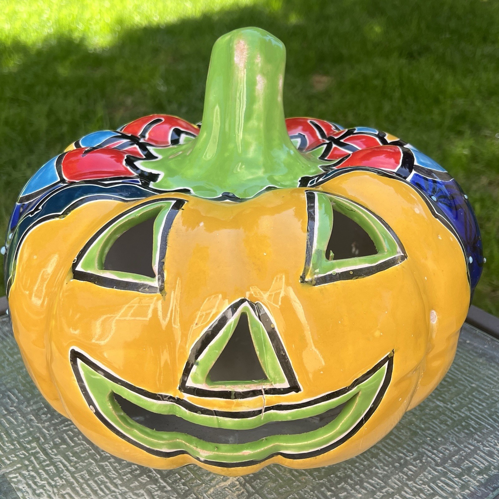 Talavera Pumpkin Jack O’ Lantern Mexican Pottery Halloween Candle Holder Large
