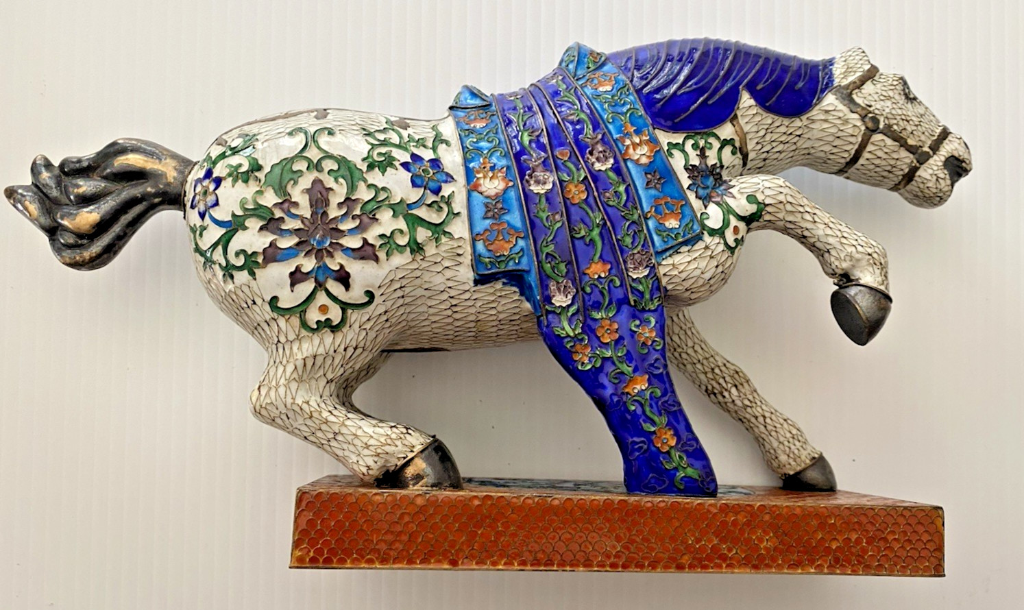 RARE Vintage Chinese Cloisonne 12″ L Horse Figure Multi Color Wire Brass Enamel