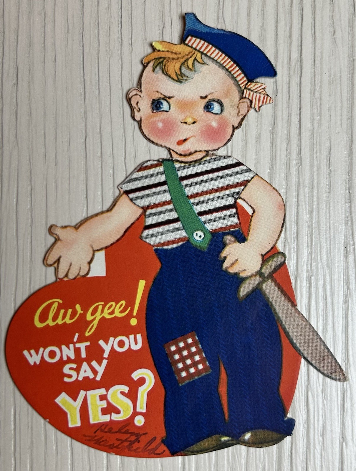 1930s Vintage Die Cut Valentine Card Boy Heart Aw Gee Won’t You Say Yes