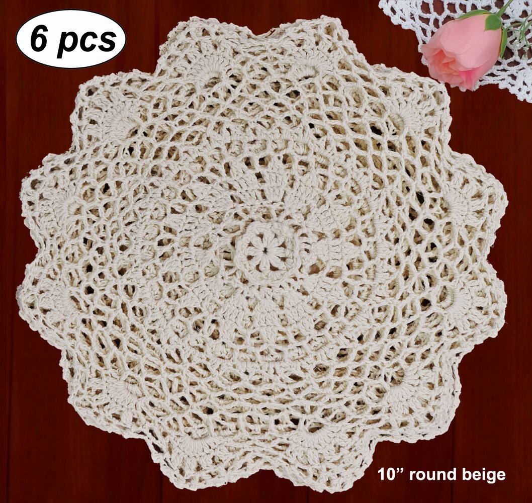 6PCS 10″ Round Crochet Lace Doily BEIGE 100% Cotton Handmade, Set of 6 Pieces