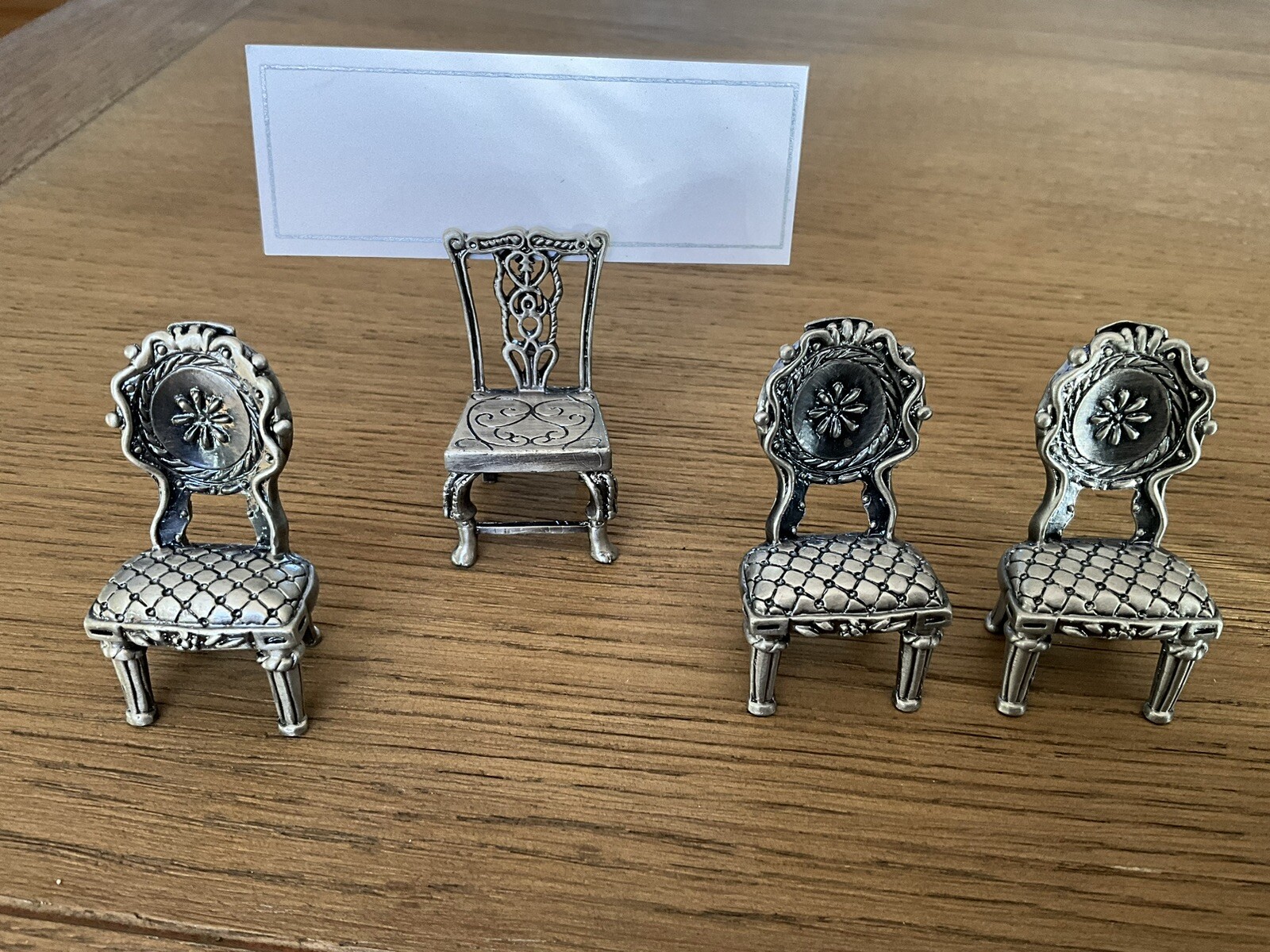 Vintage Set Of 4 Pewter Chair Place Card Table Number Business Card Holder