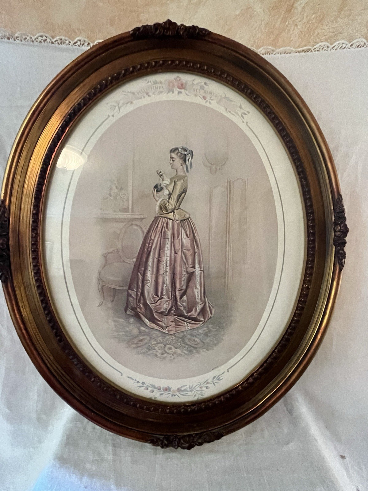 2Vintage Framed Prints “Passe-Temps Des Dames” Victorian Lady Ornate Oval Frame