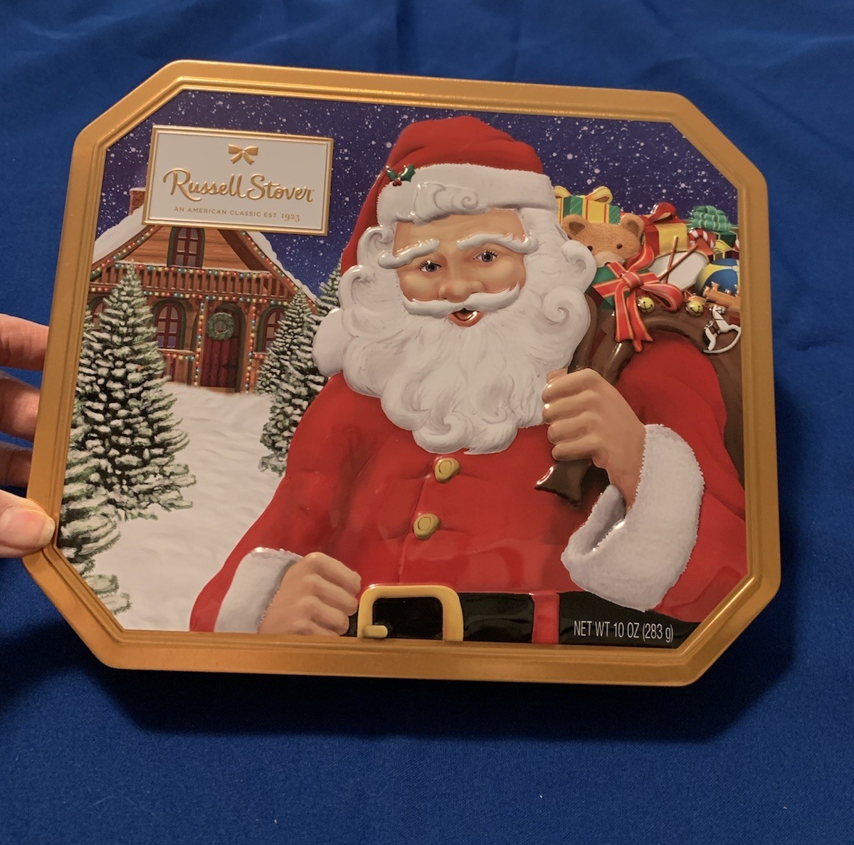 ❤️Russell Stover Santa Clause Toy Bag Collectable Tin Box EMPTY 10 in x 8.25