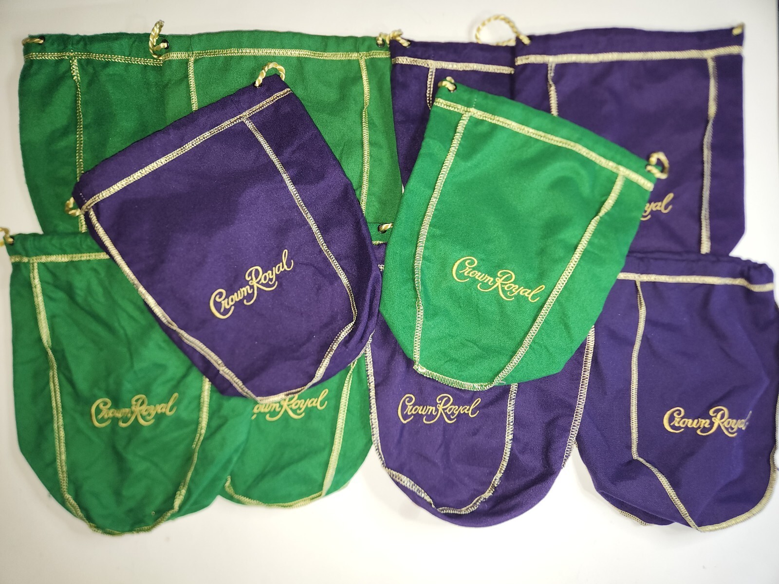 Lot of 10 Crown Royal Bags 5 Purple & 5 Green 1 Liter Size Mixed Colors