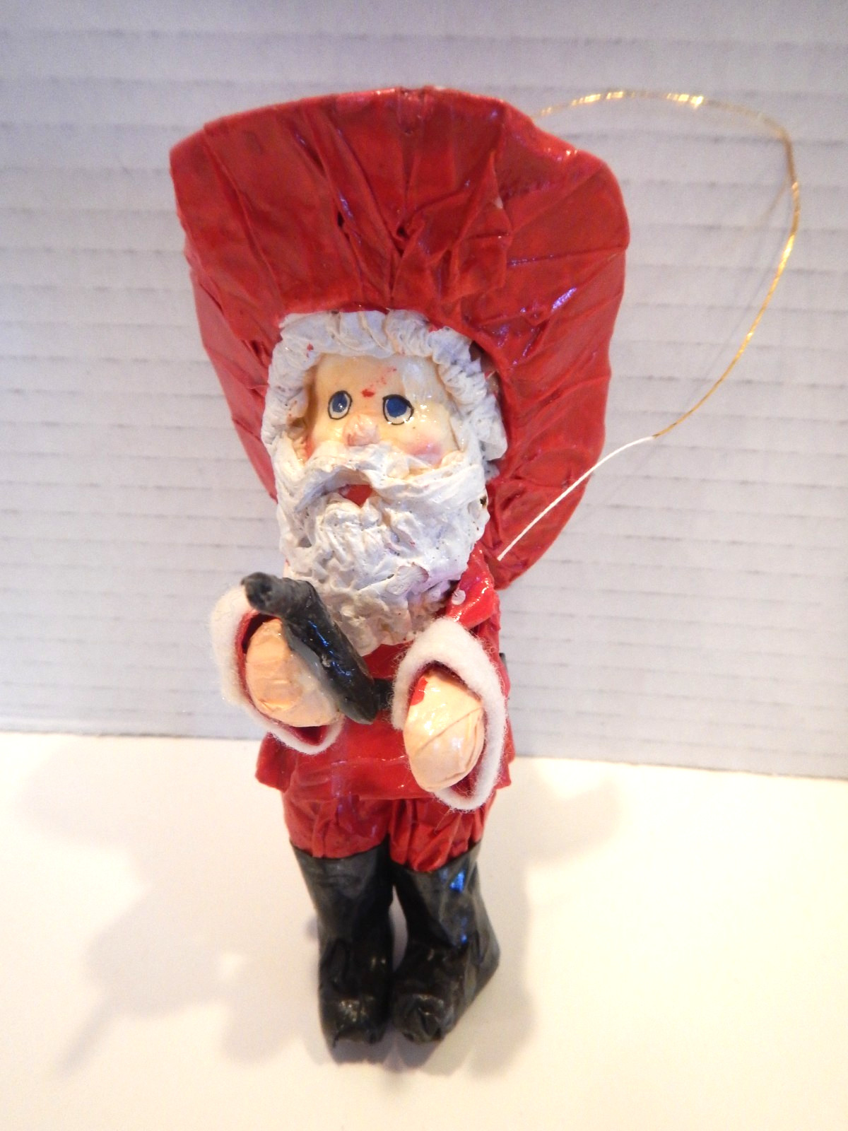 Vintage Paper Papier Mache Santa Cowboy With Pistol Christmas Ornament