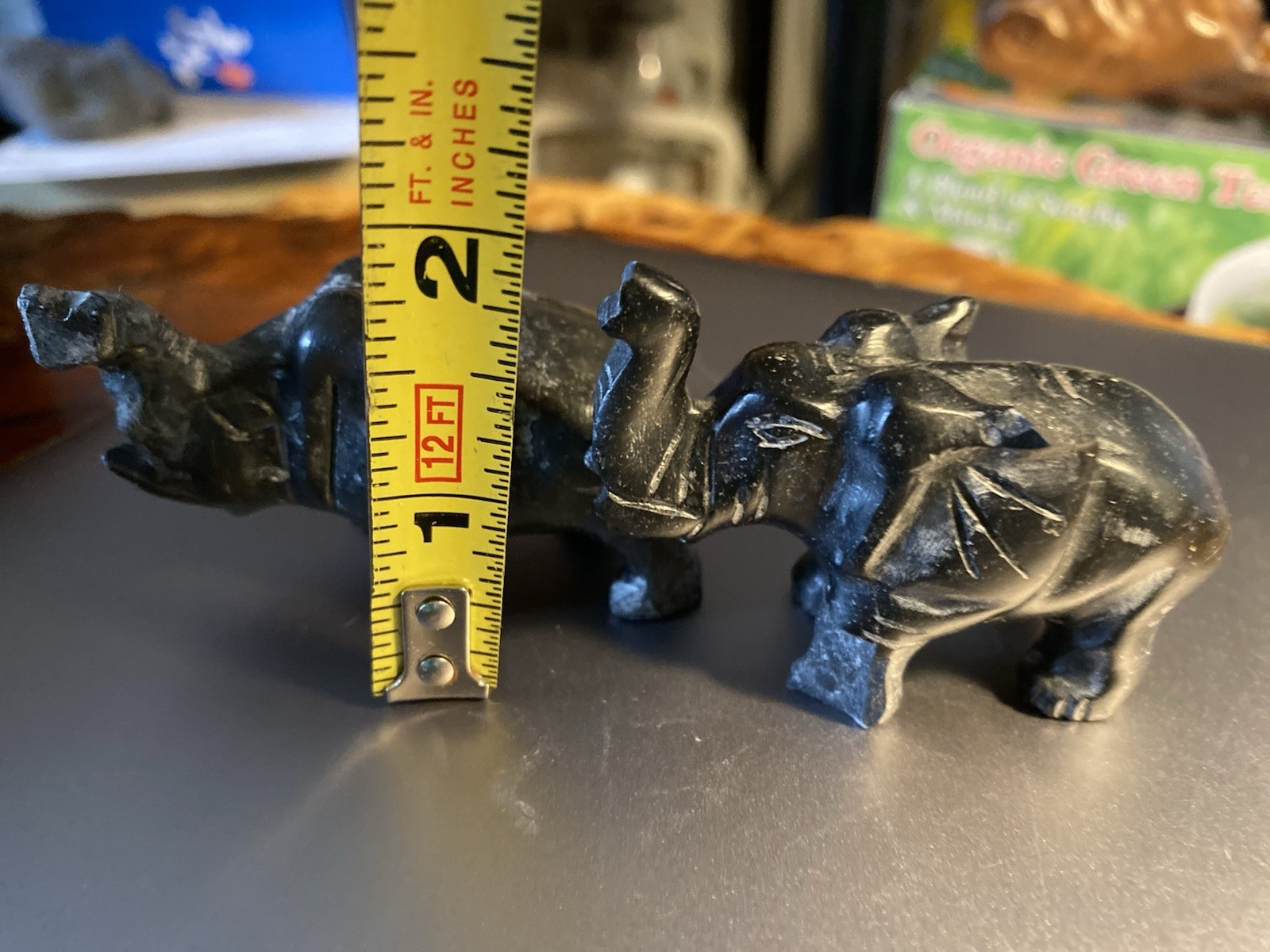 Black Stone Elephant Figurines Pair Lot of 2 Mini Carved Statue Sculptures