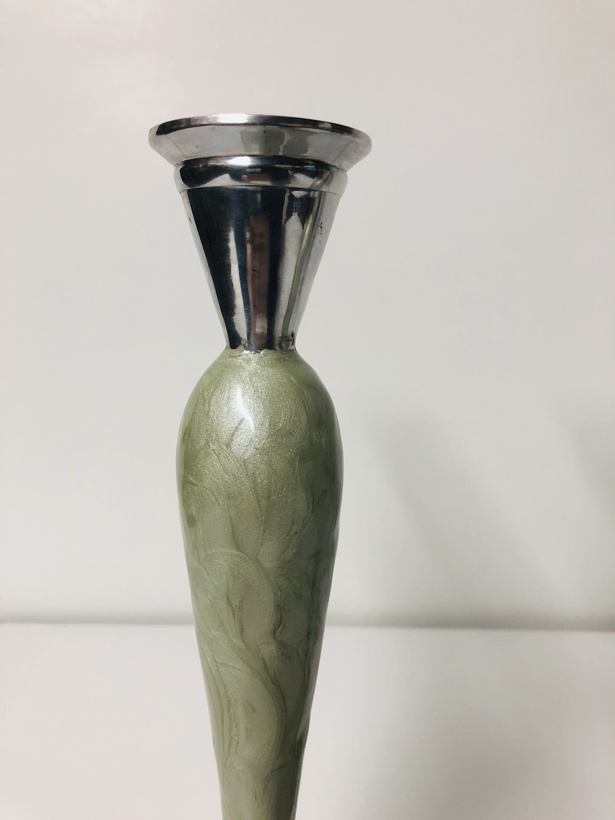 Epoxy Resin Sage Green & Silver Metal Candlestick Holders 10” India Rare Set