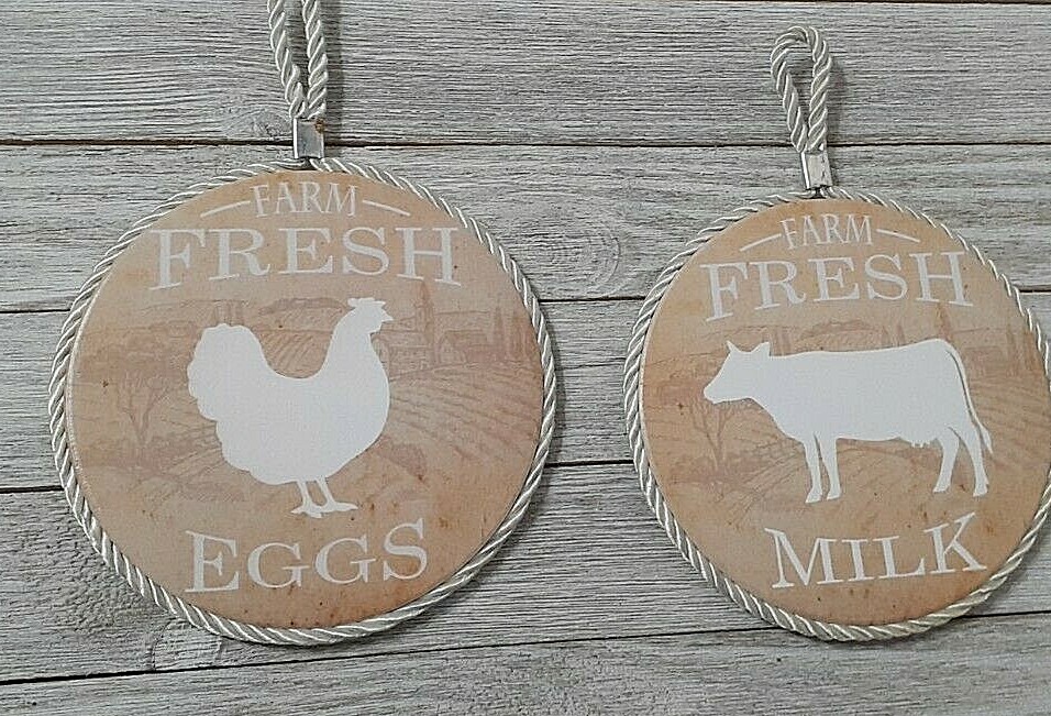 2 Farm Fresh Milk & Eggs Plaques 5.5″ Circle White Cord for Hanging