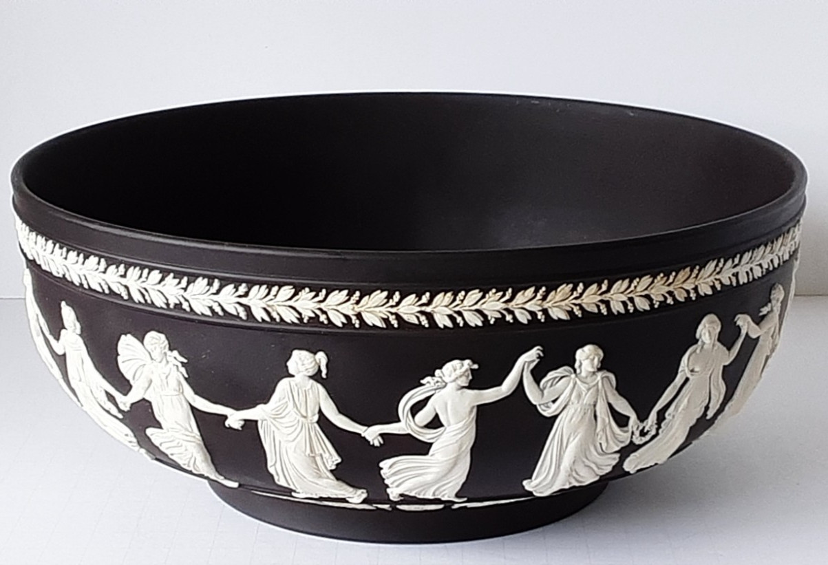 Wedgwood Black Jasperware 10” Large Bowl Centerpiece Dancing Hours England