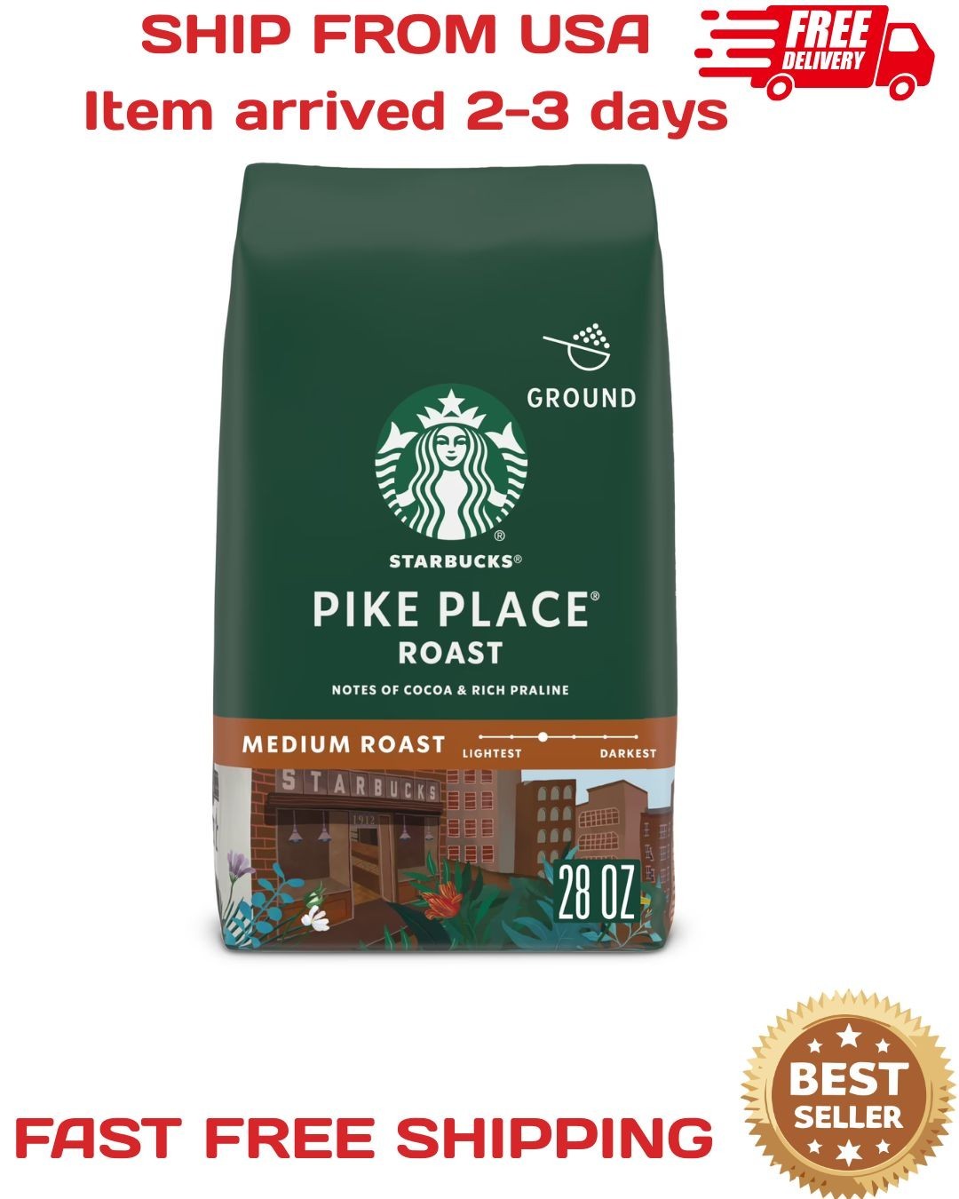 Starbucks Pike Place Roast, Ground Coffee, Medium Roast Hot or Iced Coffee, 28 o