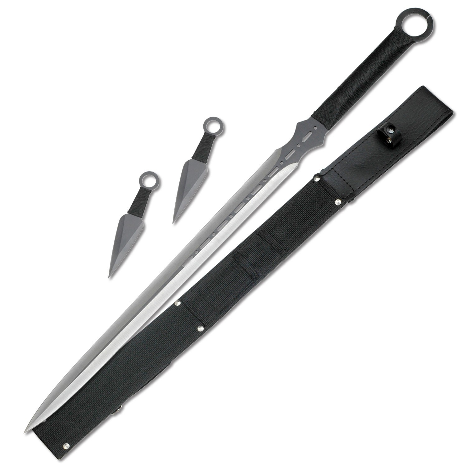 28″ Fantasy Master Short Sword-2 Kunai Knives w/Cord Wrapped Handle & Sheath