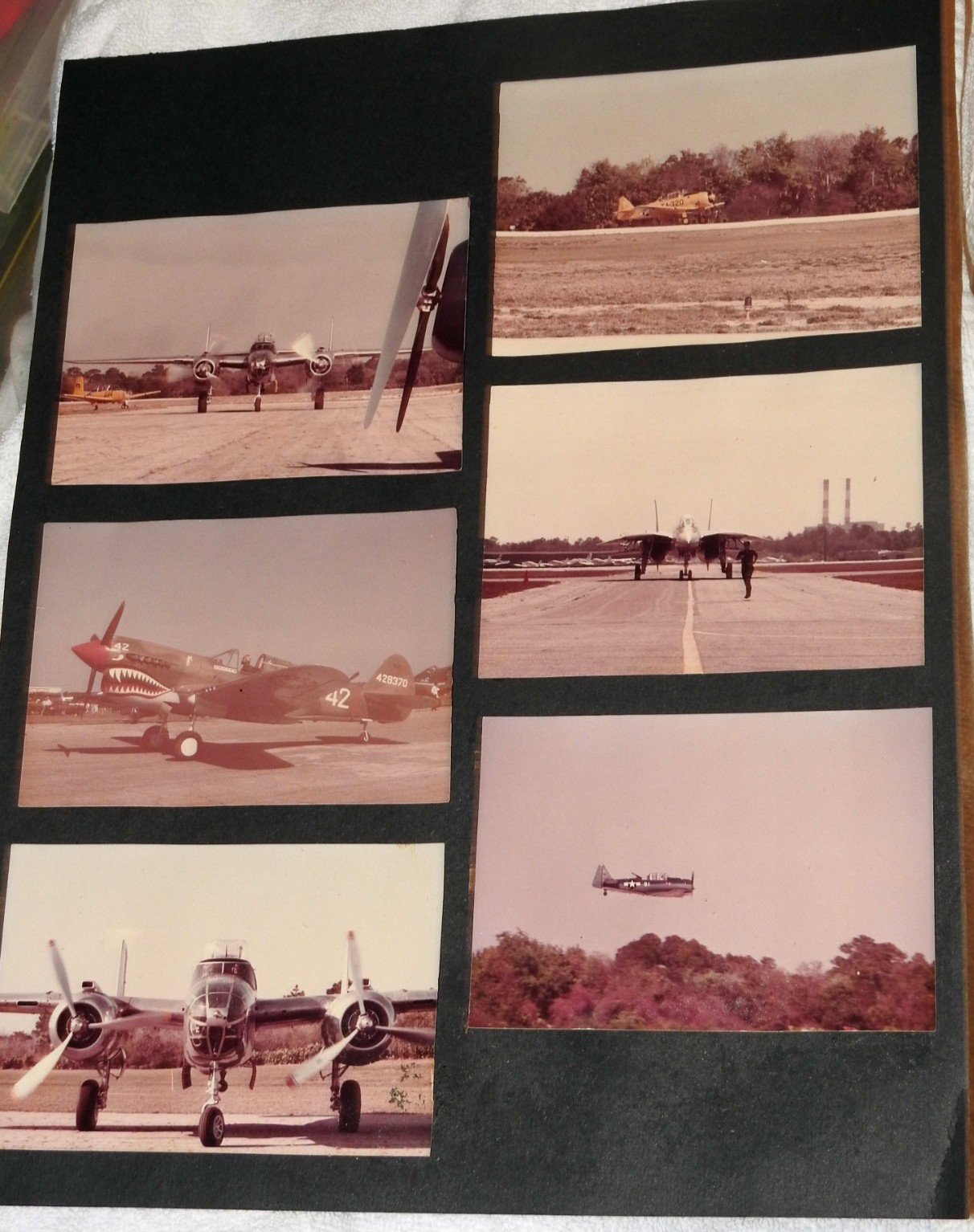 6 Old Color Photographic Prints of Vintage Airplanes Mounted on Black Cardboard