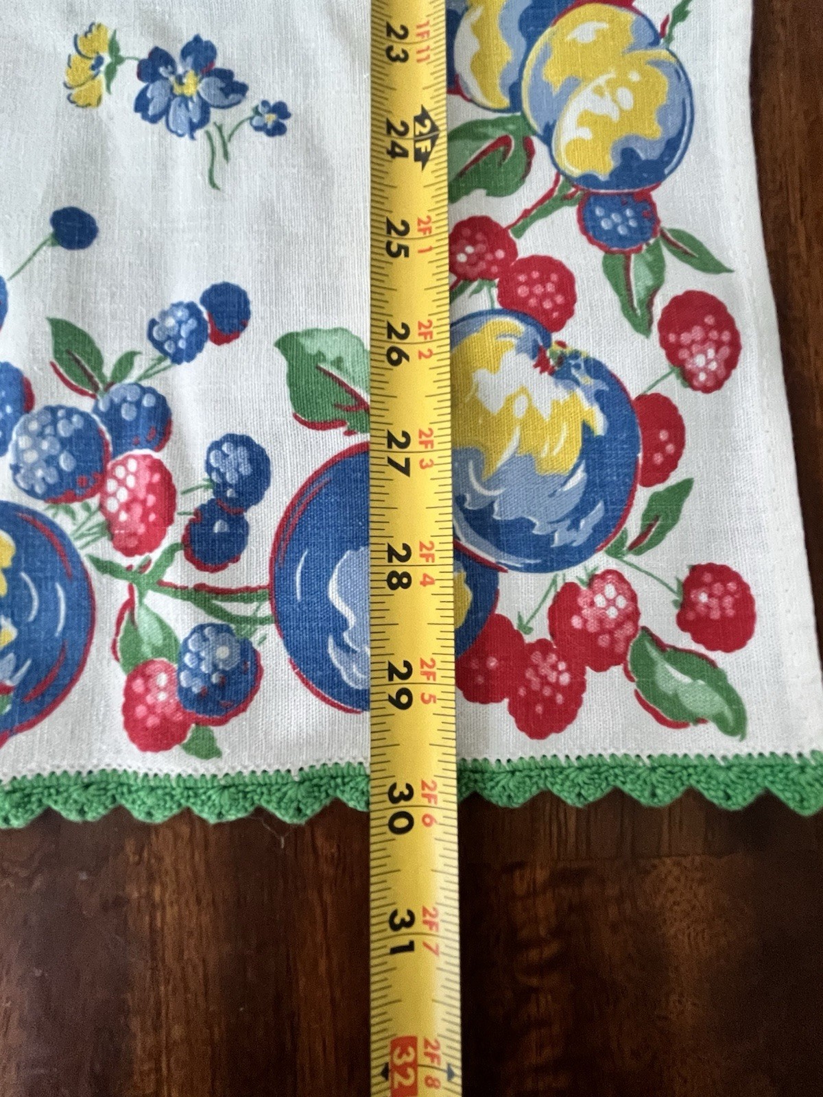 Vintage Show Towel/Kitchen Towel Small Table Runner Crocheted Edges Fruit Teapot