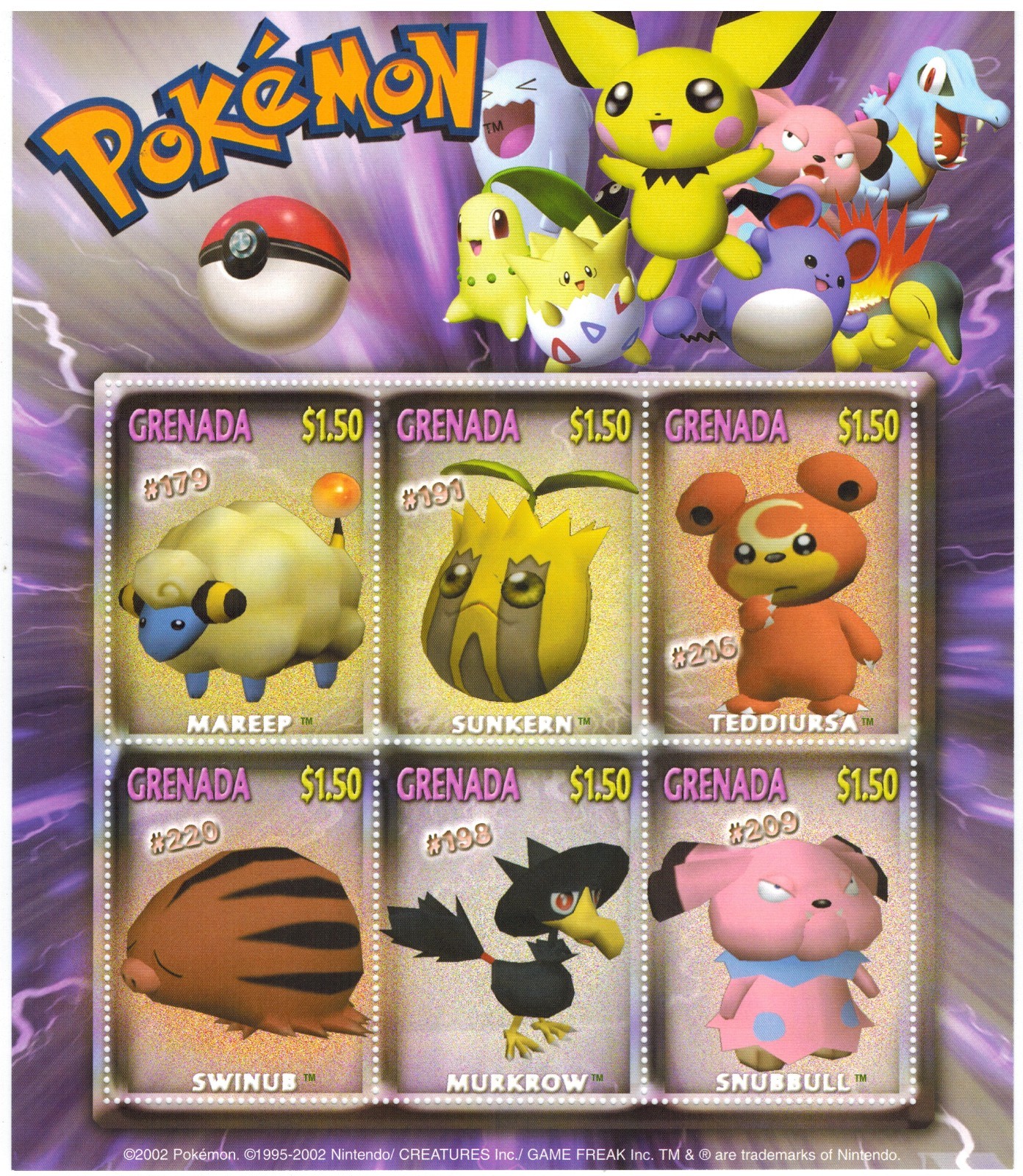 Grenada 2002 – Pokemon – Sheet of 6 Collectible Postage Stamps – MNH