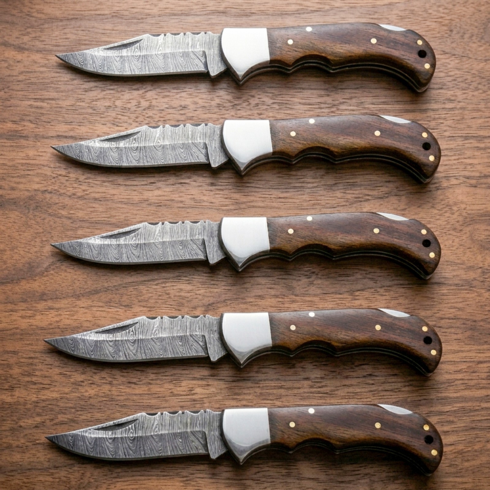 SET OF 5 PCS, HANDMADE DAMASCUS STEEL FOLDING KNIVES, WOOD HANDLE & SHEATHS
