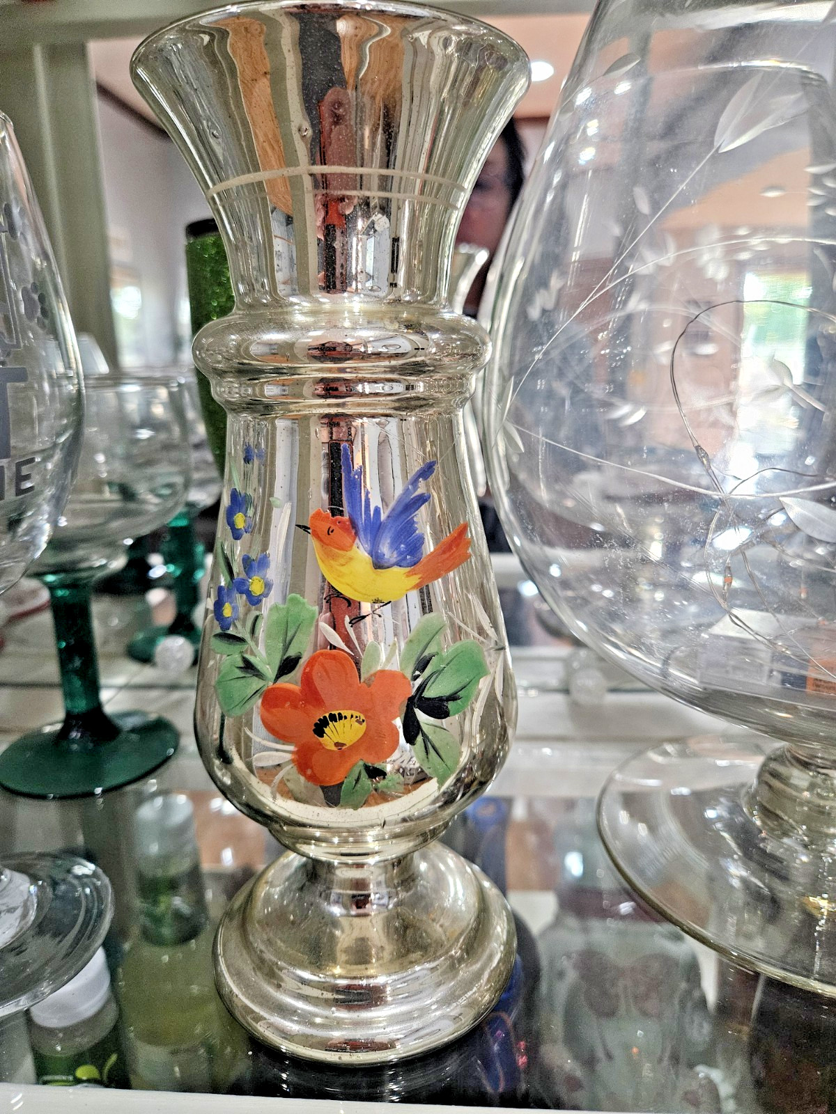1886 Pair Antique Vintage Silver Mercury Glass vases w/Birds & Flowers 9″ tall