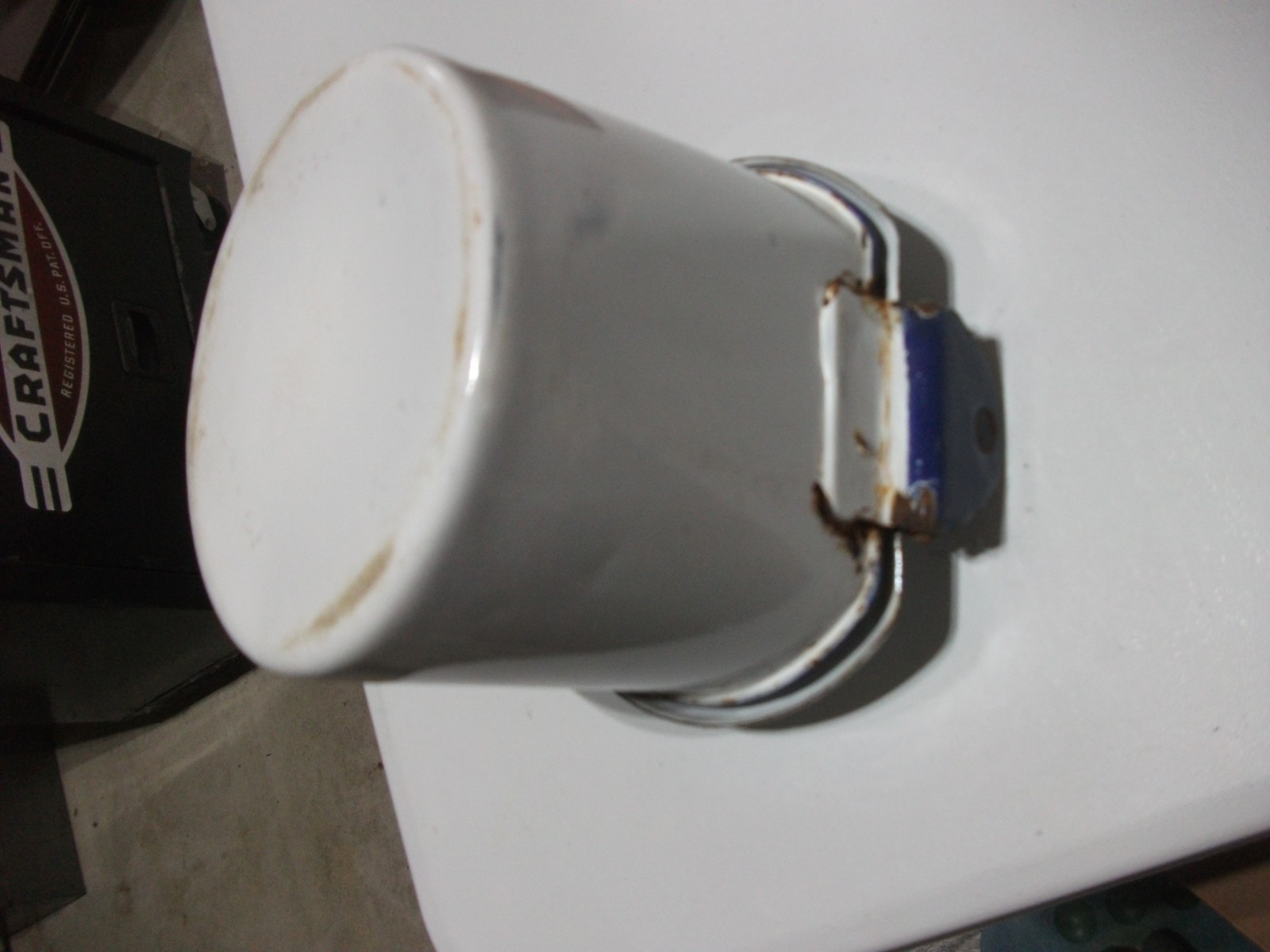 Vintage Enamelware White & Navy Blue Grease Pot Hinged Lid Wall Hanging