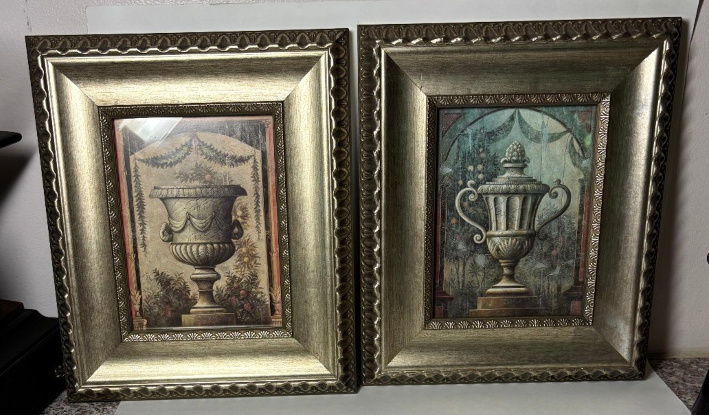 Vintage Shabby Chic Metallic Picture Frames w/ Grecian Urn Print 11.5 x 13.5″