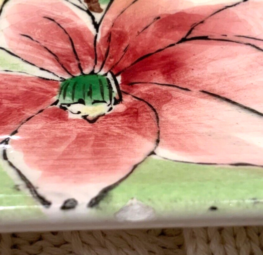 MCM Lipper & Mann Large Plate Style Ashtray Floral Green Ceramic 7 1/2” x 10”