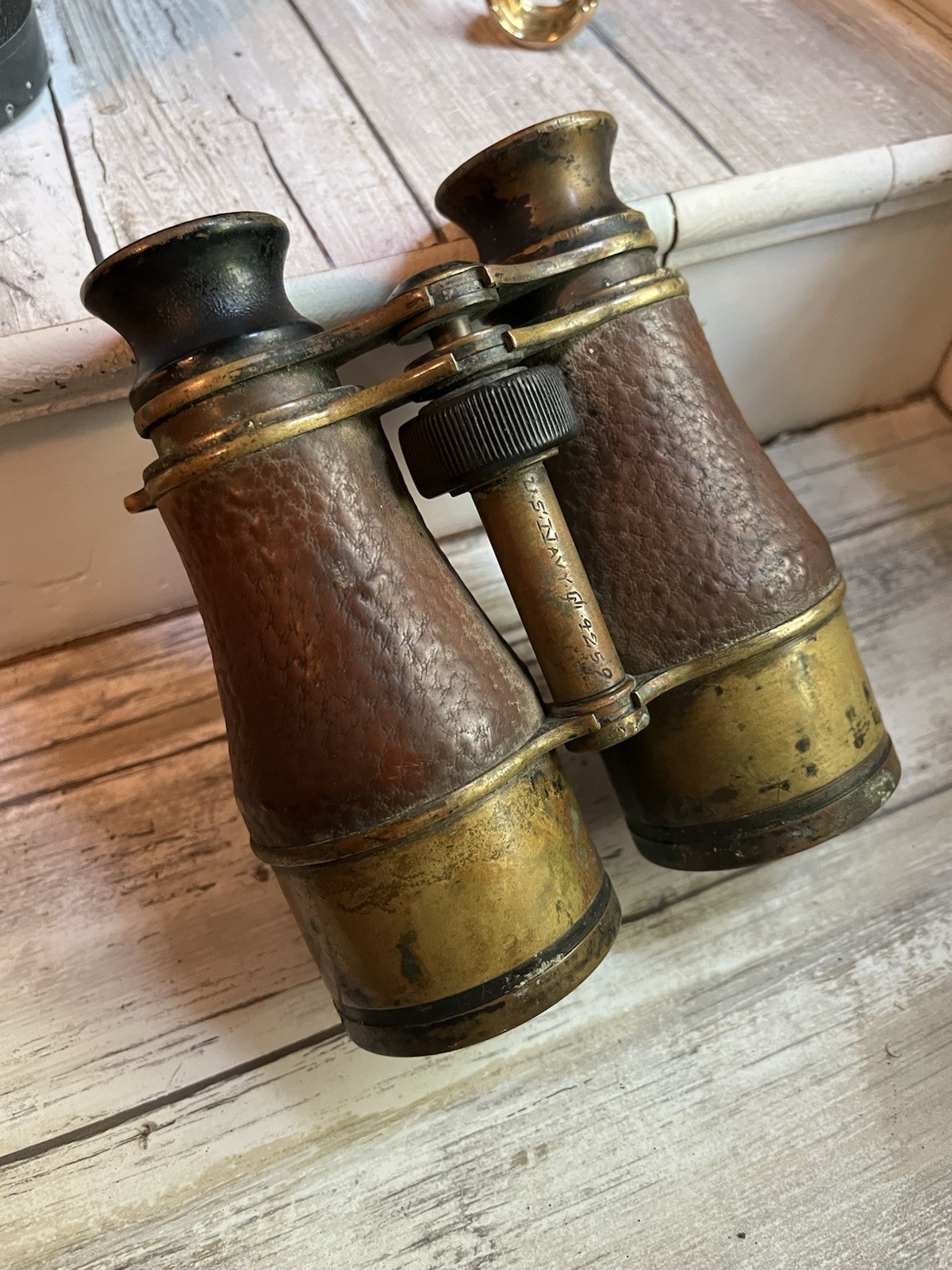 Antique US Navy Binoculars Brass & Leather Adjustable Military Optics
