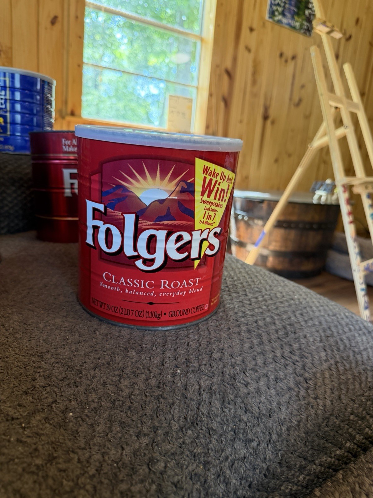 Folgers Classic Roast 150 Years Wake Up and Win Advertising Tin w/ Plastic Lid