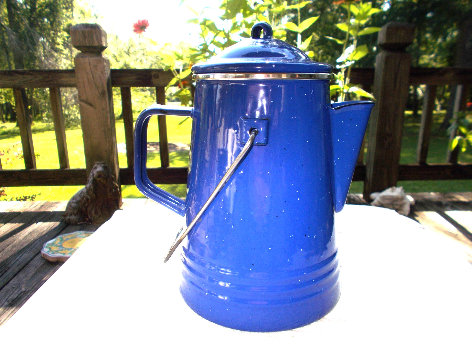 Vintage Enamelware Stovetop Camping Coffee Pot Blue Speckled 9″ Cowboy Country