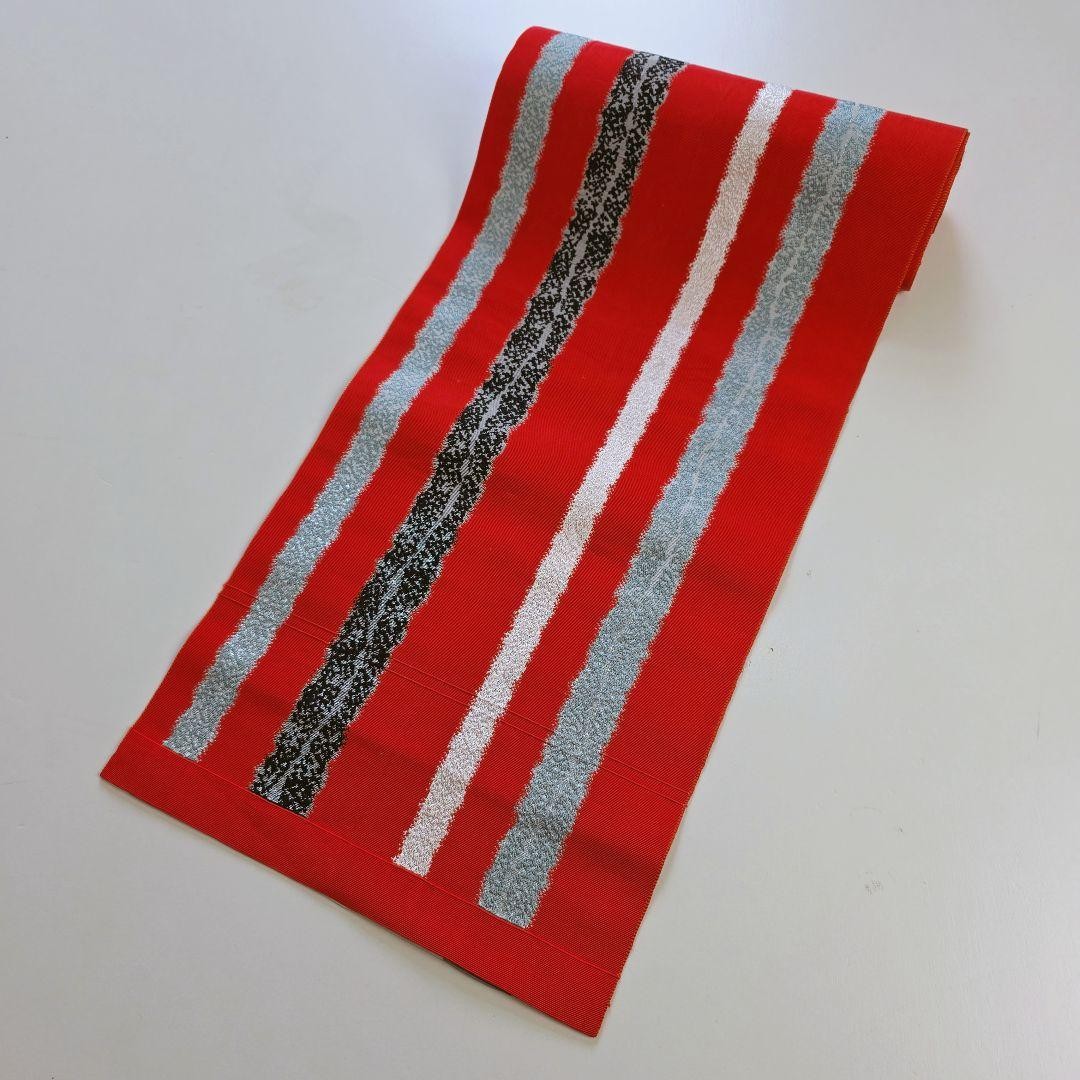 Yunayuri Vintage Kimono Fabric Red Black White Silver Stripes Unused