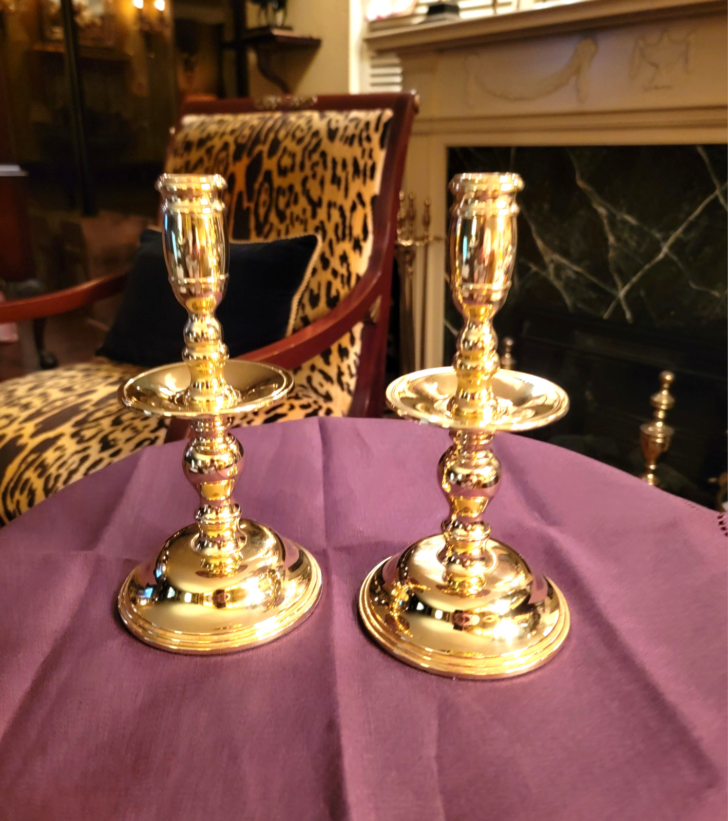PAIR OF POLISHED BRASS BALDWIN MID DRIP TRAY CANDLESTICKS, 8.5’’