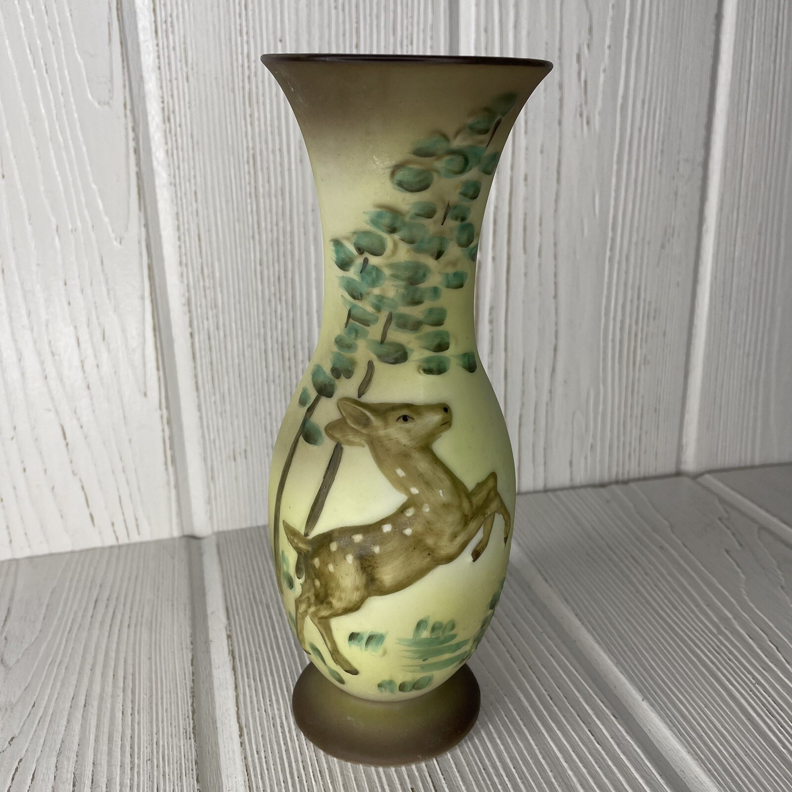 Vintage Ucagco Deer Pine Tree Vase Matte Painted Finish 8” Ceramic Porcelain