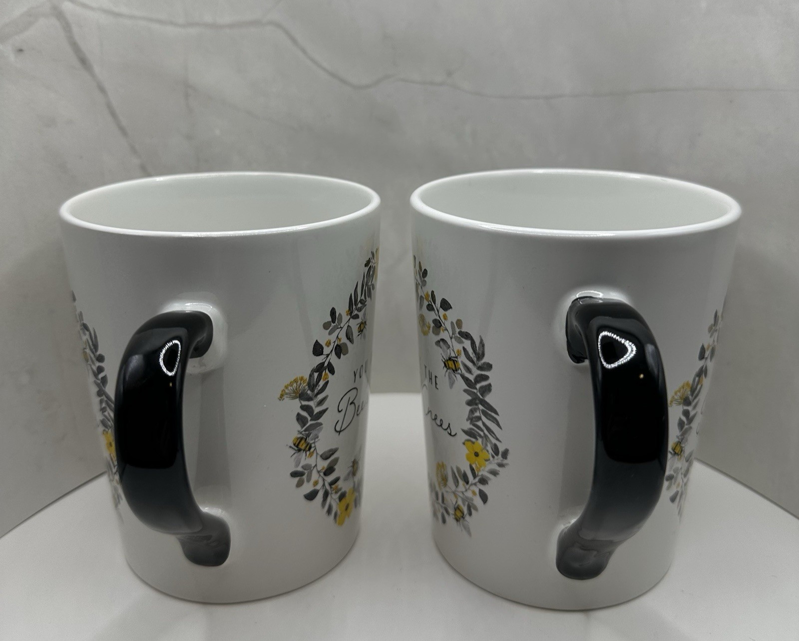 Spring Bee Ceramic Coffee Mugs, Black White Yellow “You Are The Bee’s Knees” NWT