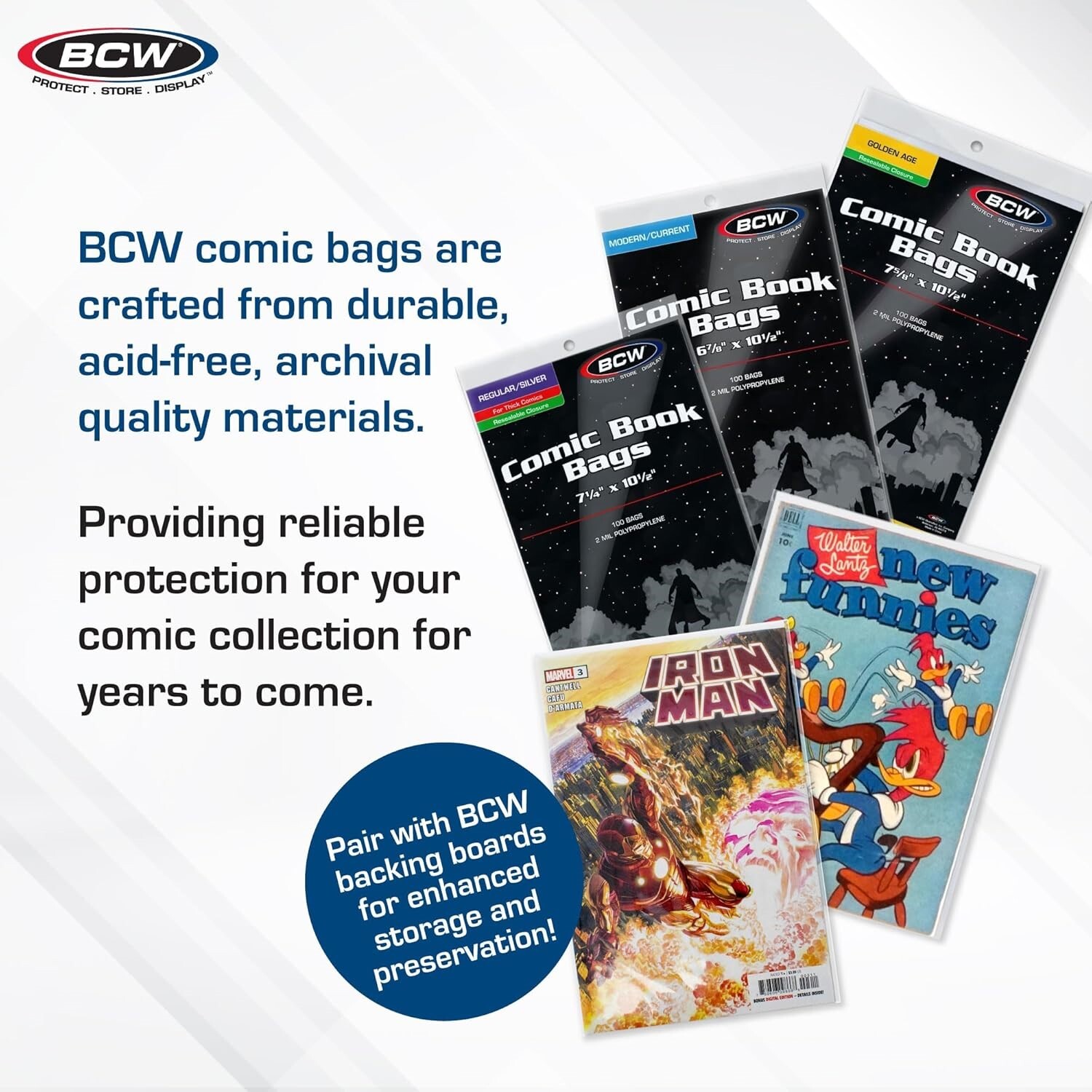 100 BCW Current / Modern Comic Book Bags Sleeves + Acid Free Back Boards New
