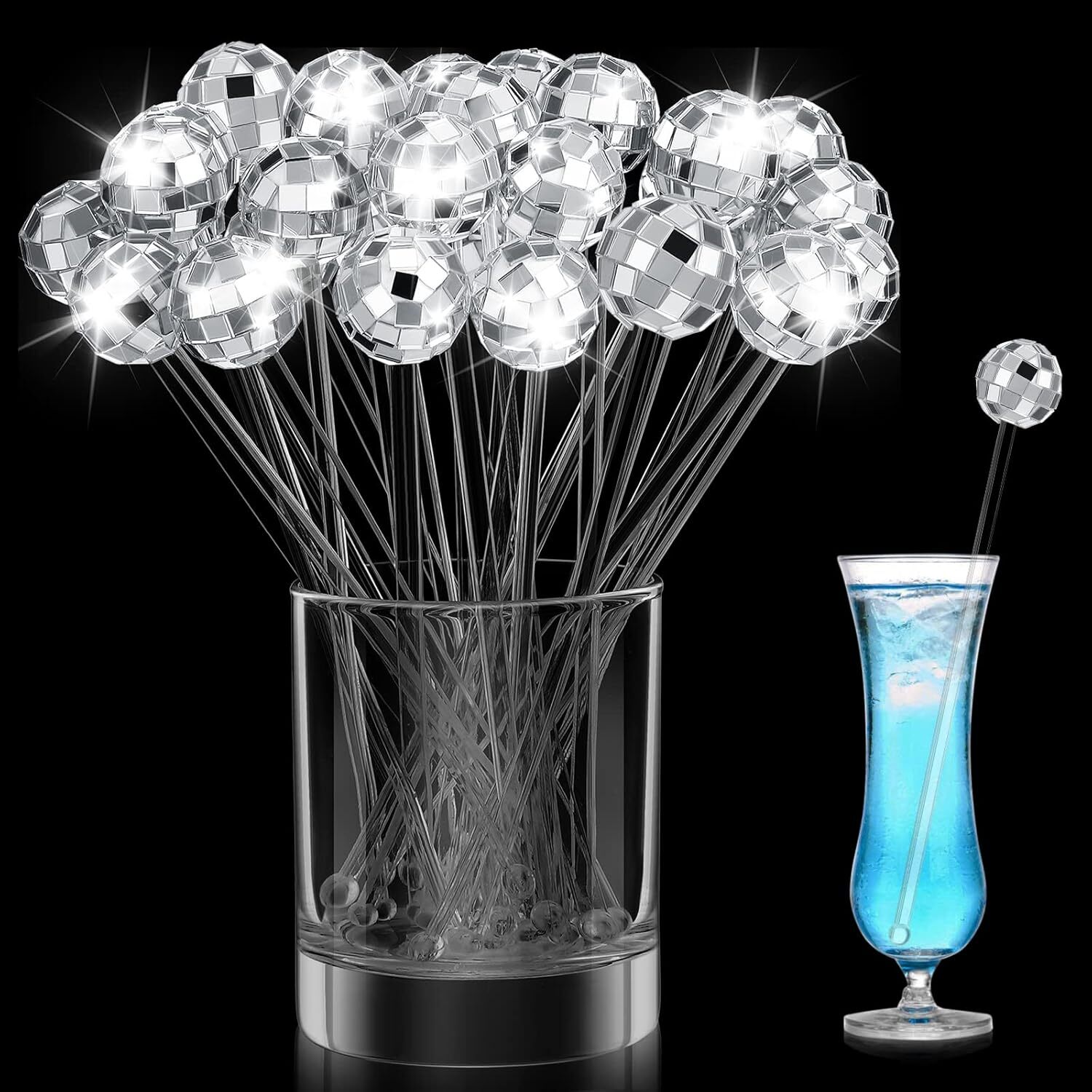 80 Pcs Disco Ball Drink Stirrer Round Top Swizzle Sticks Silver Mirror Ball S…