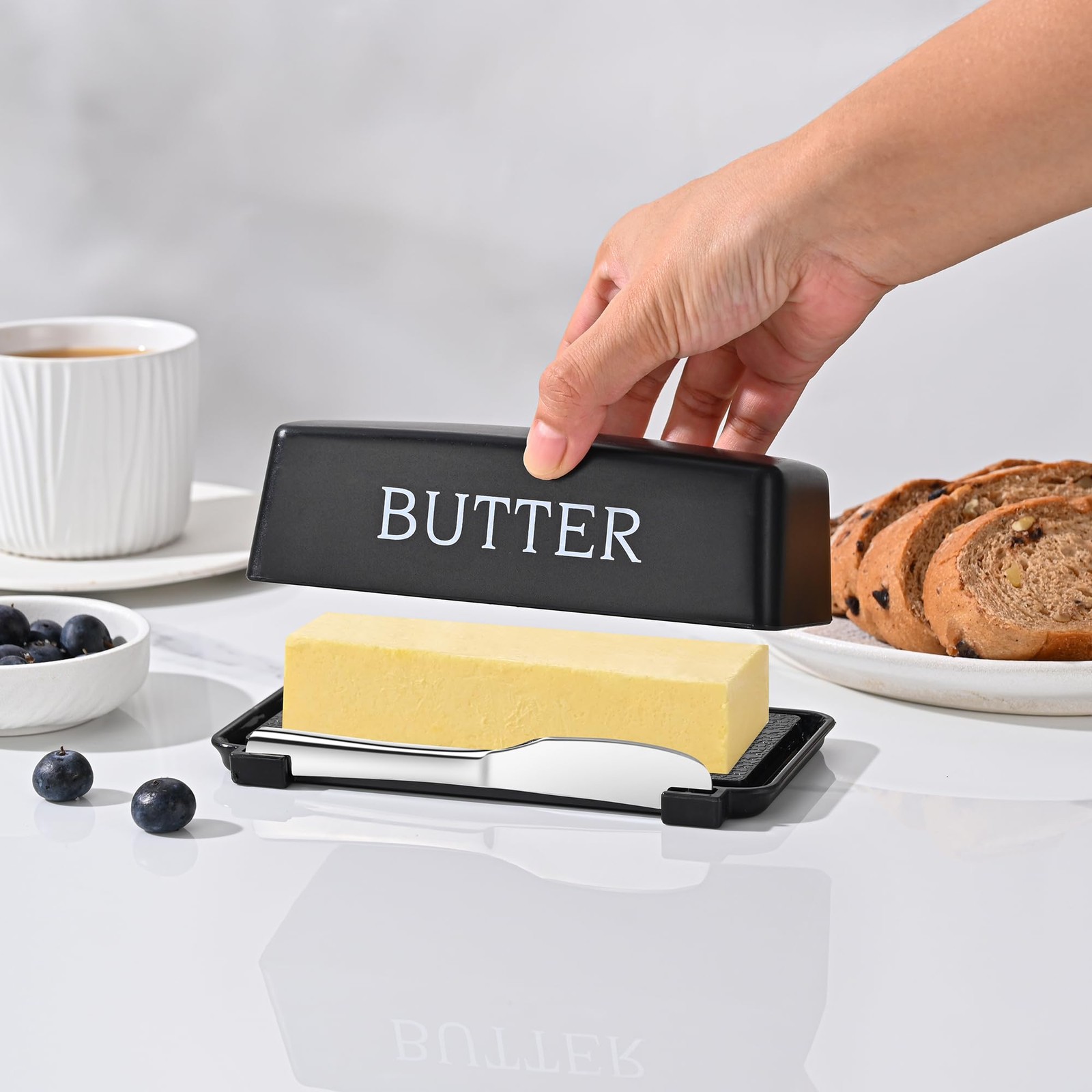 Butter Dish With Cover And Knife,Food Grade Plastic Large, Black