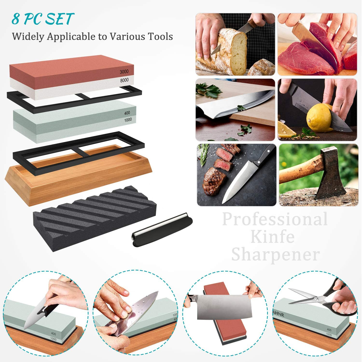 Whetstone Sharpening Stone Set Knife Sharpener 400/1000 3000/8000 Grit w/ Holder