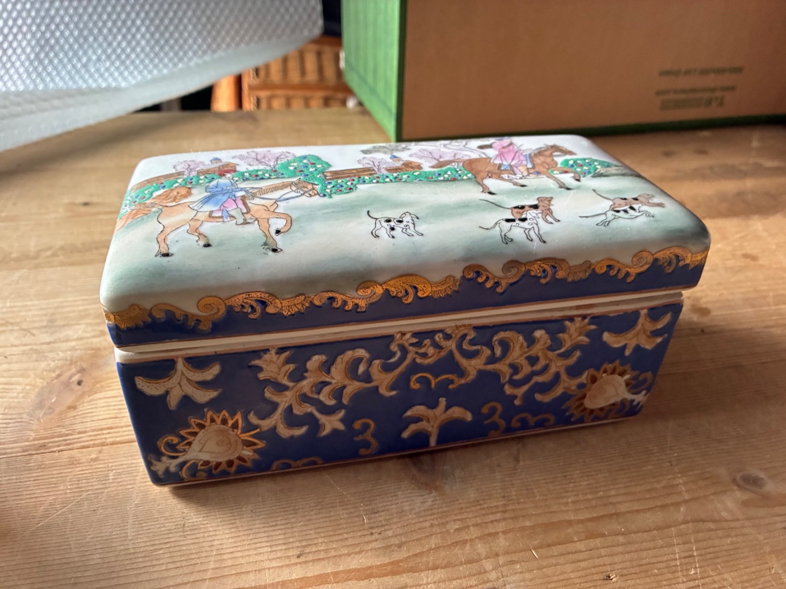 Vintage Chinese Rectangular Hand Painted Porcelain Dresser Trinket Box
