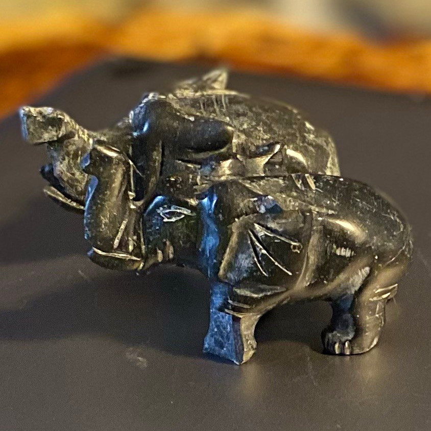 Black Stone Elephant Figurines Pair Lot of 2 Mini Carved Statue Sculptures