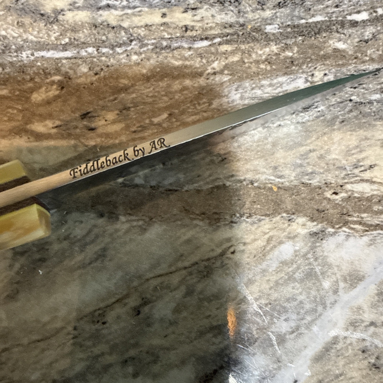 Fiddleback Forge KE Bushie by Andy Roy .095″ A2 Blade Elder Burl Handle excellen