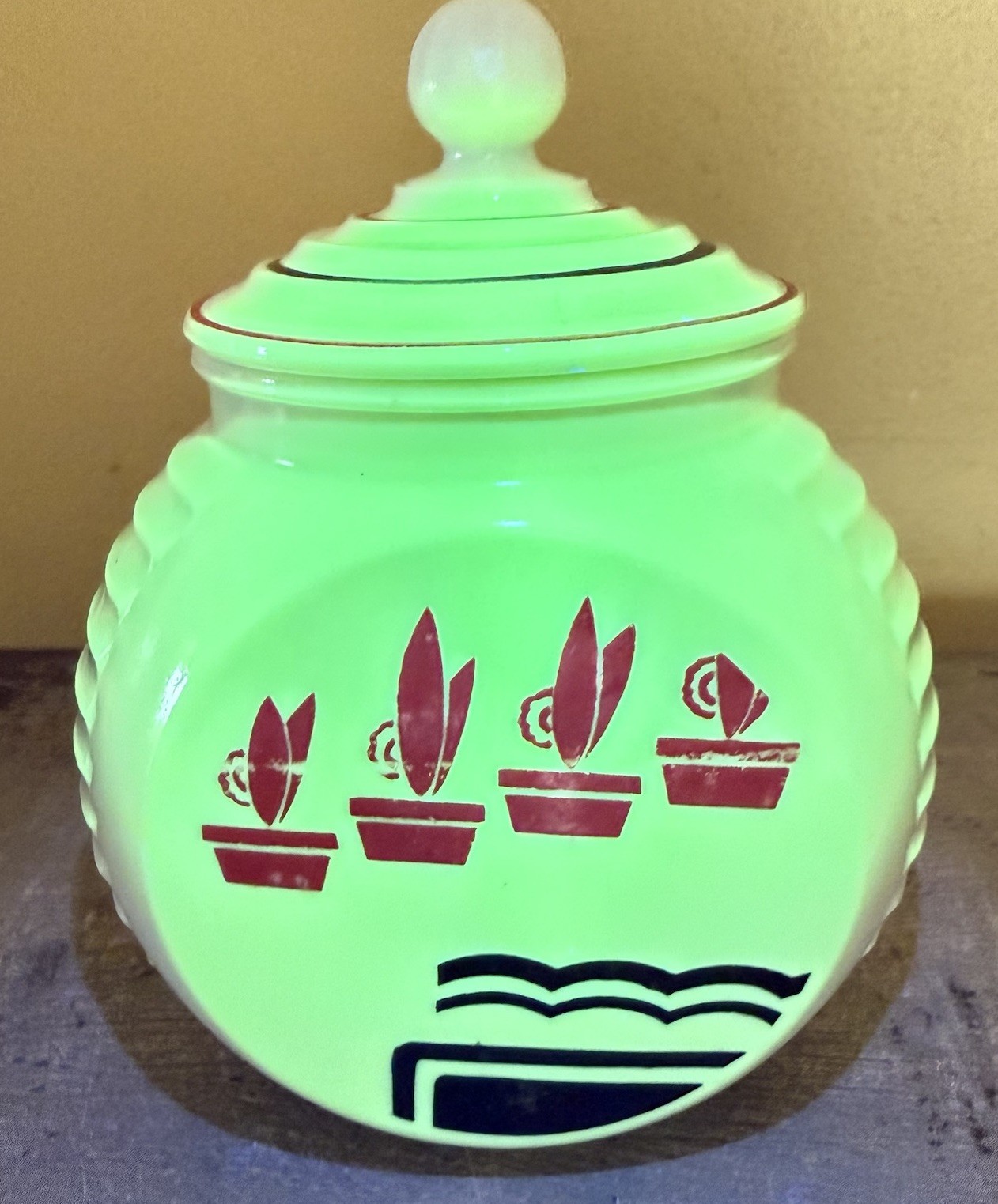 Anchor Hocking Vitrock Uranium Black and Red Flower Grease Jar w/ Lid