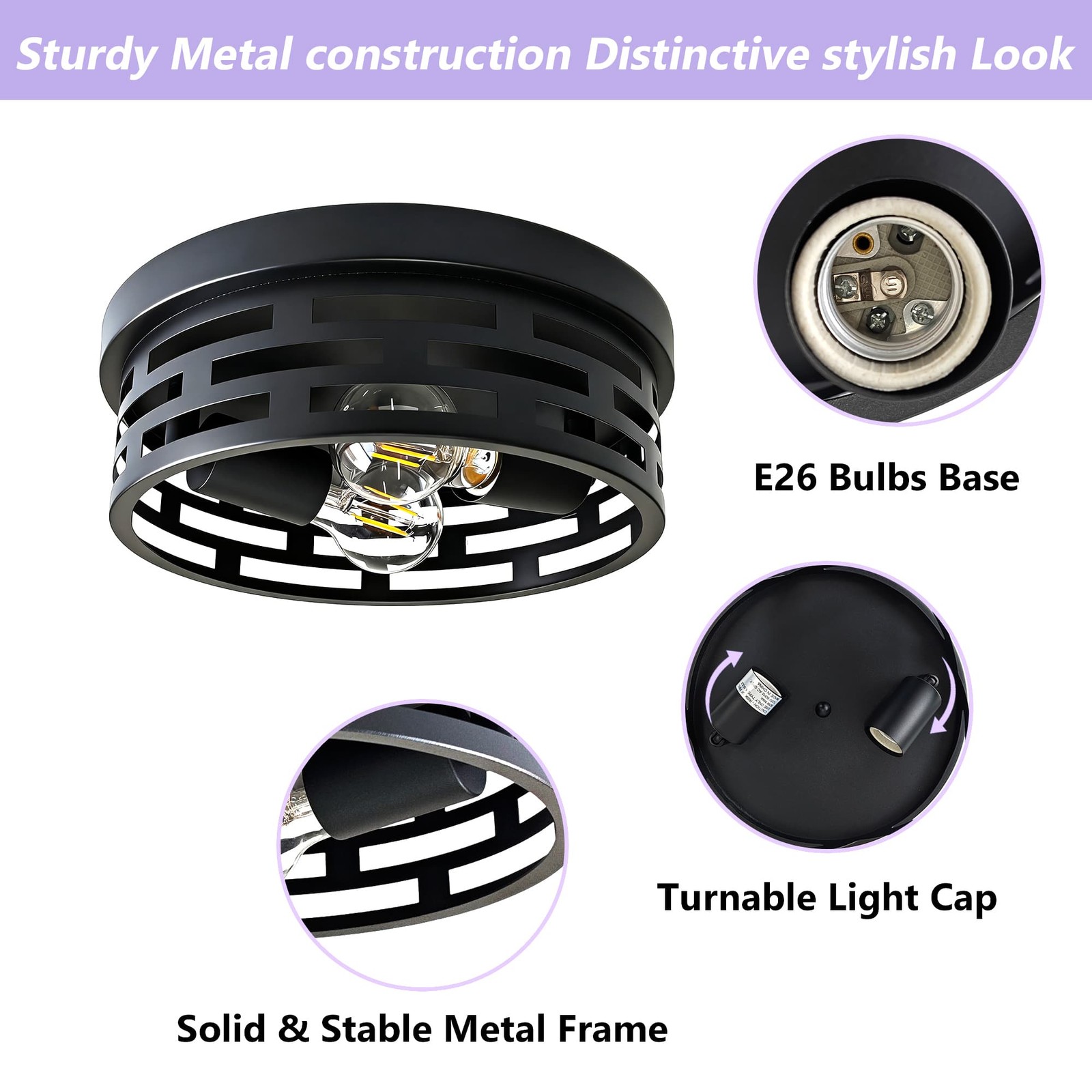 2-Pack 10.2″ Industrial Flush Mount Ceiling Light 2-Light Black Ceiling Fixture